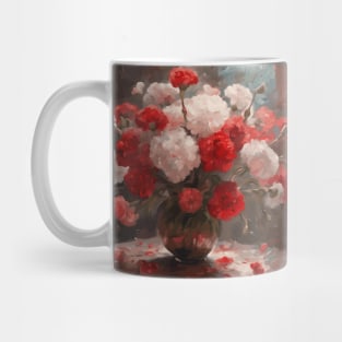 Red and White Carnations Modern Still Life Painting in a Glass Vase Mug